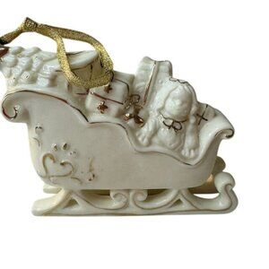 Vintage Ivory Ceramic Sleigh With Santa & Gifts Gold Accents Christmas Holiday D